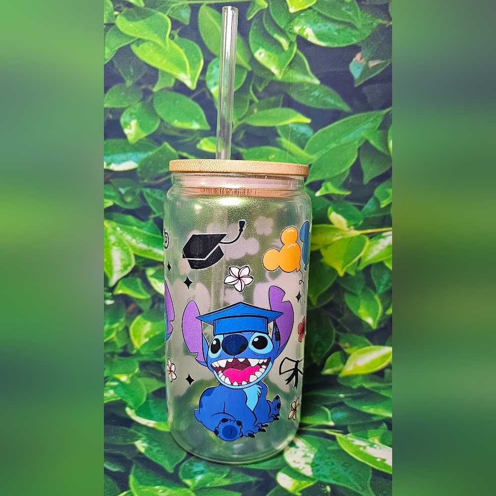 Stitch Graduation Glass Tumbler with Straw - Multicolor